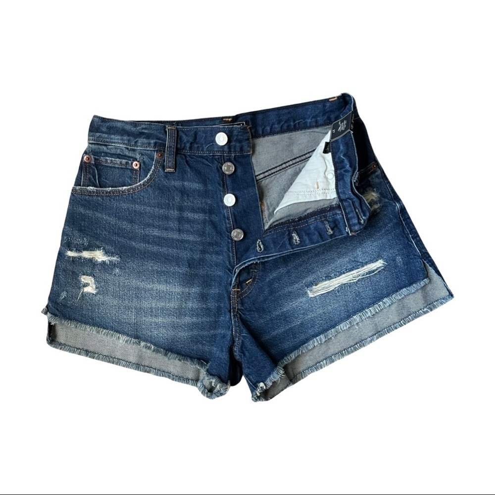 Abercrombie High Rise Denim Shorts 27 Dark Wash Distressed Button Fly NWT